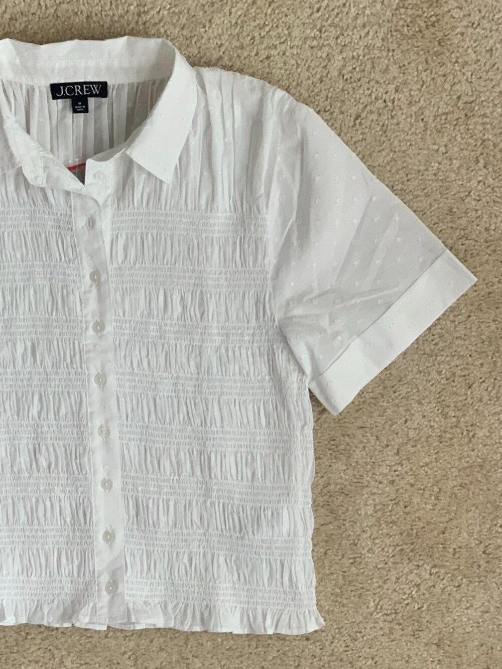 NWT J. Crew Short Sleeve Smocked Button Front Shirt (CT051), White, Medium - Picture 7 of 14
